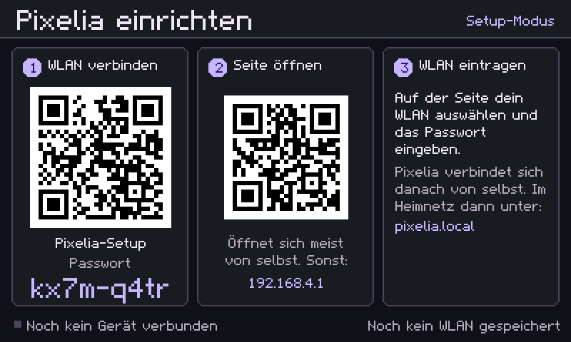 Pixelia im Setup-Modus mit QR-Codes